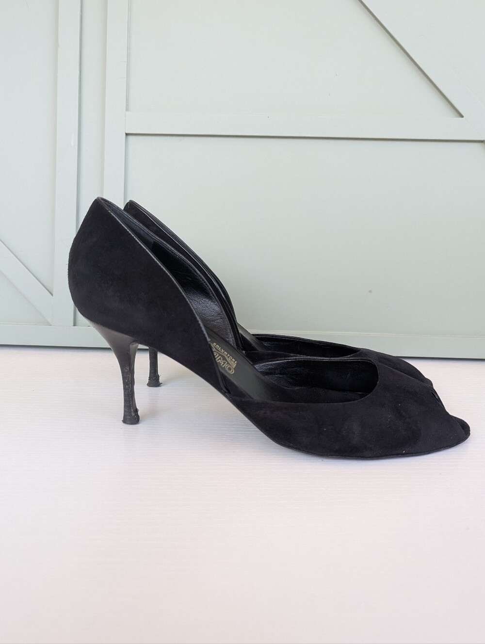 Salvatore Ferragamo Black Suede Peep-Toe Kitten Heels - Picture 4 of 12